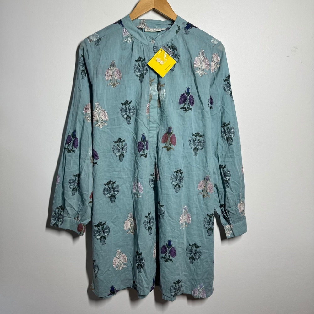 Roller Rabbit Klokke Flower Freyella Kurta Blue Floral Tunic Shirt Dress L NWT